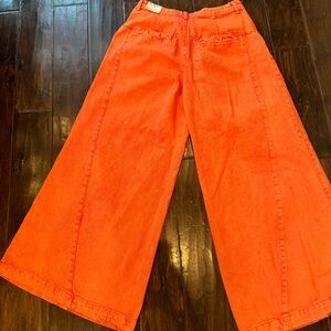 Free People Equinox Denim Trouser Wide Leg Jeans Mid Rise Coral Fusion Sz 28